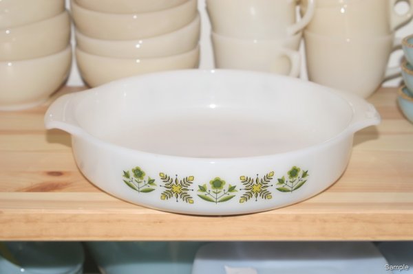 画像1: Fire-King Ovenware Dish Green Design (Round) (1)